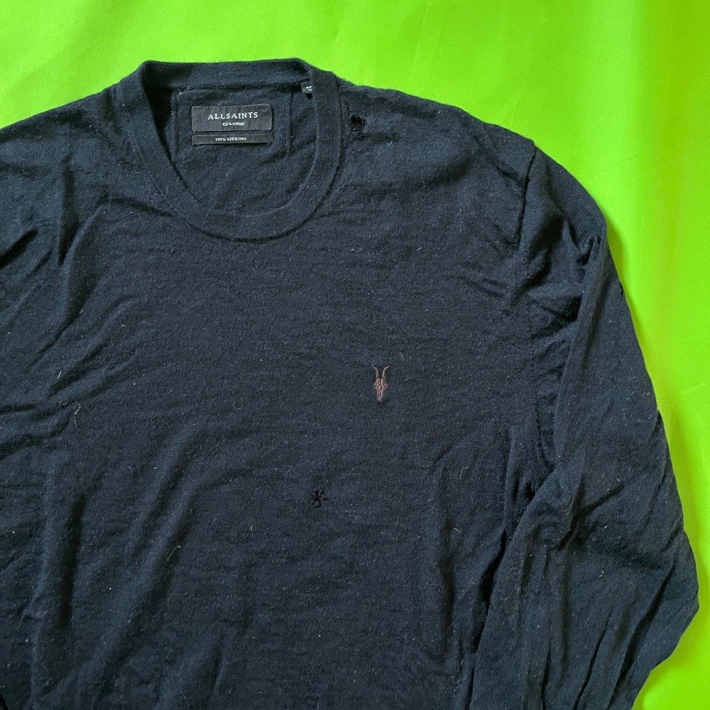 AllSaints XX-Large Black 100% Merino Wool Ramskull Crew Neck Sweater Distressed